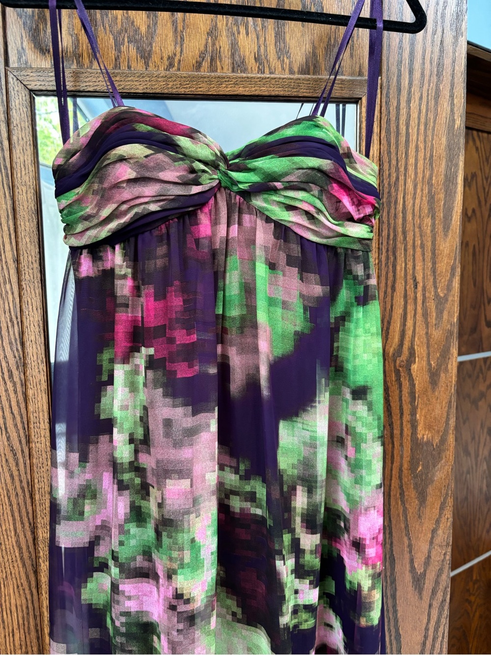 Aqua Strapless Pixel-Print Chiffon Wedding Guest Dress in Purple, Green & Pink